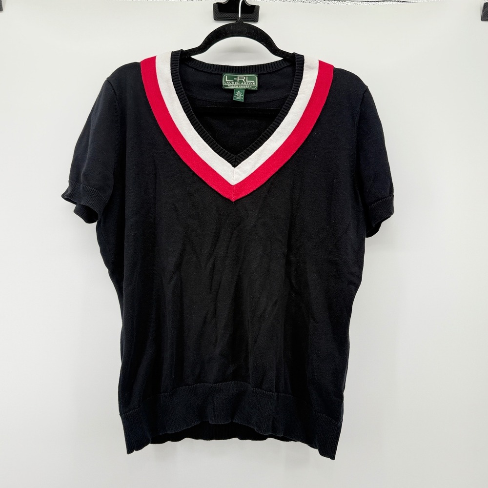 Lauren Active Ralph Lauren XL Black V-Neck Short Sleeve Cotton Knit Sweater Top